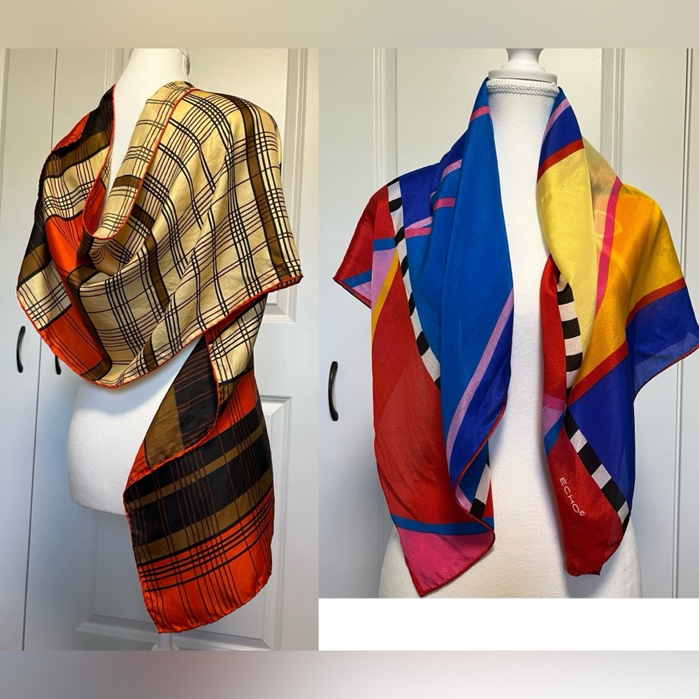 Set of 2 Vintage Echo Silk Scarfs hand rolled edges timeless charm and elegance
